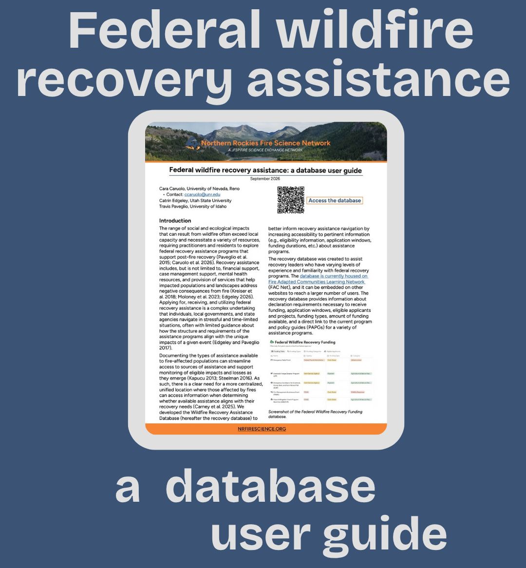 NRfirescience's tweet photo. Find the "Federal wildfire recovery assistance database user guide" on our website now. The recovery database was created to assist recovery leaders who have some level of experience with federal recovery programs &amp; is currently housed by FAC Net. https://t.co/5B9YFkoaBO https://t.co/x9vRhcsOLF
