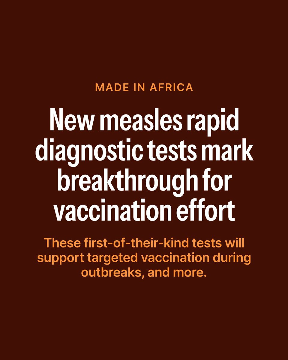 gavi's tweet photo. Measles outbreaks move fast. Knowing exactly where the virus is spreading can make the response faster too. 

A new first-of-its-kind rapid diagnostic test, manufactured in Senegal, will allow cases to be confirmed more quickly, including in places where access to laboratories is limited. 

For measles control, that means better surveillance and more targeted vaccination. 

For African manufacturing, it marks an important milestone. 

“By investing in local manufacturing capacity, we are not only helping to protect communities now, we are also putting in place systems that are better able to help prevent outbreaks from happening again in the future.” - An Vermeersch, Gavi’s Chief Vaccine Programmes and Markets Officer 

Read more: https://t.co/hFYQKsOugA