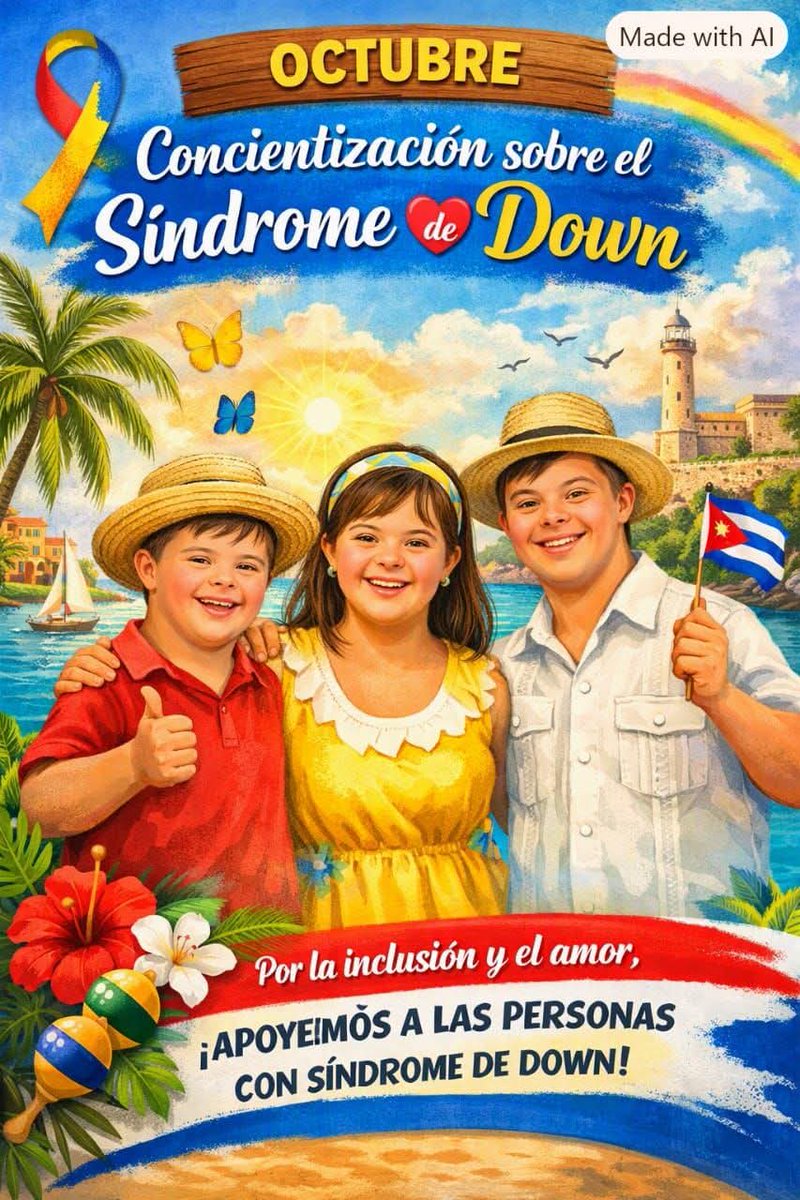 ACPDI_Cuba's tweet photo. En el mes de octubre, desde #ACPDI 🇨🇺  los invitamos a sumarse a acciones de sensibilización sobre el síndrome de Down. Si bien no es una fecha oficial proclamada internacionalmente, consideramos que es una oportunidad valiosa para reflexionar y concienciar sobre el tema.❤️💛💚💙 https://t.co/I8fxq5wjTi