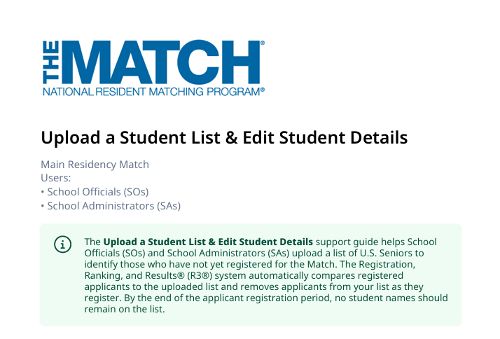 TheNRMP's tweet photo. Medical schools can now upload lists of rising seniors in the NRMP’s R3 system to monitor their Match participation. School officials and administrators can find step-by-step instructions here: 🔗https://t.co/inJrM5FpU2

#Match2027 #MedSchool #Residency #MedEd https://t.co/646Y70P8rH