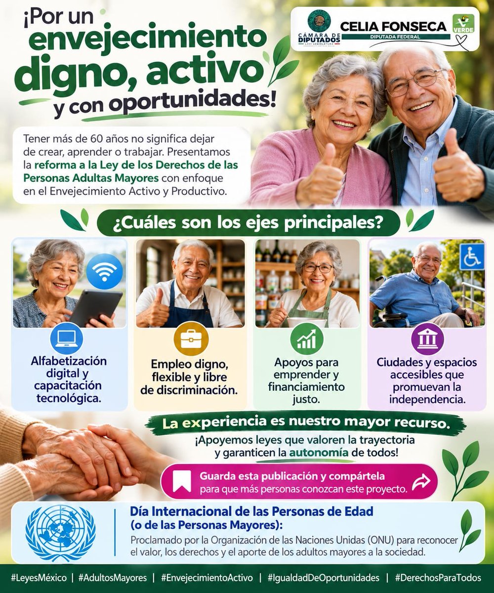 dipceliafonseca's tweet photo. Más de 60 años no significa dejar de crear, aprender o trabajar.

Impulsamos una reforma para promover un envejecimiento activo y productivo, con:
Alfabetización digital
Empleo digno
Apoyo al emprendimiento
Espacios accesibles #LeyesMéxico #AdultosMayores #EnvejecimientoActivo https://t.co/SzFfjUhYpy