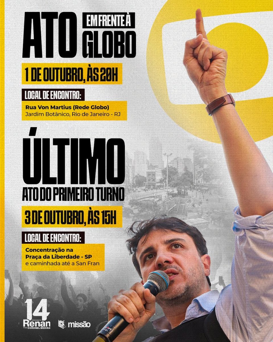 VIREMIOFICIAL's tweet photo. VIREMI | POLÍTICA
🚨 RENAN SANTOS CONVOCA DOIS ATOS NA RETA FINAL DO PRIMEIRO TURNO

Renan Santos chamou seus apoiadores para dois atos que sua campanha trata como alguns dos mais importantes desta reta final.

📍 Hoje, às 20h, o grupo se reúne em frente à sede da Rede Globo, no Rio de Janeiro, em protesto após Renan ficar fora do debate presidencial desta noite.

📍 No sábado (3), às 15h, a campanha anuncia seu último grande ato antes do primeiro turno, com concentração na Praça da Liberdade, em São Paulo, seguida de caminhada.

A mobilização acontece a poucos dias da votação de domingo e faz parte da tentativa de Renan de manter sua base engajada na reta final da campanha.