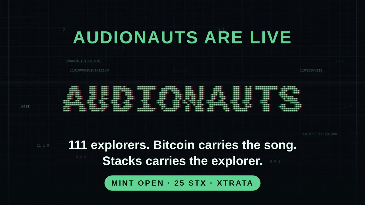 audionals's tweet photo. AUDIONAUTS ARE LIVE.

111 explorers bridging Layer 1 and Layer 2.

Bitcoin carries the song.
Stacks carries the explorers.

Play them. Bend them. Explore them.

Some are hiding more than others. ⭐

Mint on Xtrata 👇
https://t.co/ArkY3gBvDc https://t.co/YoYP7clgcP