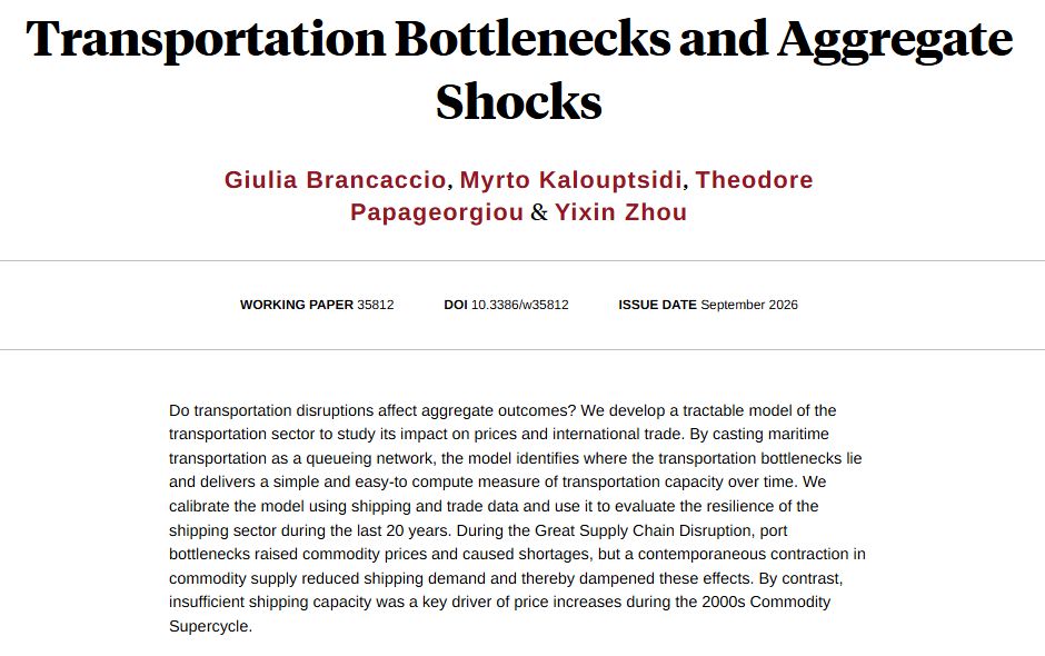 nberpubs's tweet photo. Maritime chokepoints are not just local logistics risks, they are a channel through which geopolitical, climate, and infrastructure disruptions become shocks for entire transport capacity, from Giulia Brancaccio, @myrto_kaloup, Theodore Papageorgiou, and Yixin https://t.co/3HdbfLzRSr