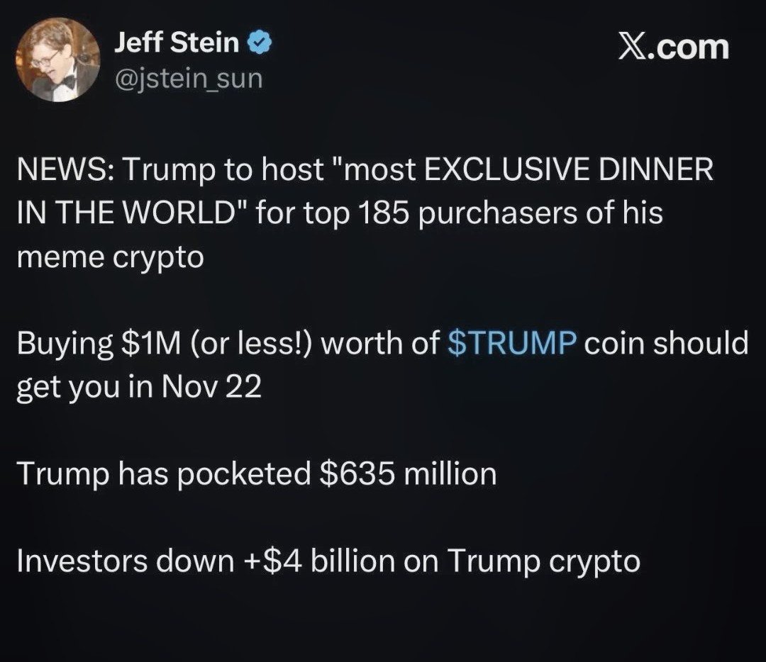 olivier_patti's tweet photo. #PayToPlayPresident
🚨 BREAKING NEWS 🚨
HERE YA GO
THF MOST CORRUPT POTUS EVER
Will now host "most exclusive dinner in the world"
Purchase his meme crypto
Trump pocketed $635 MILLION
WHILE AMERICANS ARE SUFFERING https://t.co/Lw72ZCdURz