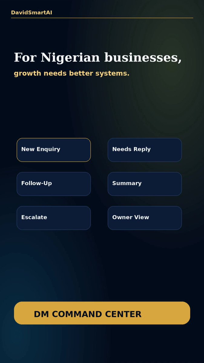 davidsmartai's tweet photo. For Nigerian businesses, growth needs better systems.

Enquiries come through WhatsApp, calls, DMs, forms and referrals.

The issue is visibility: who asked, what next, who needs follow-up, what should be escalated?

Practical AI workflow support helps.

DM “COMMAND CENTER”. https://t.co/d6k3yiu54X