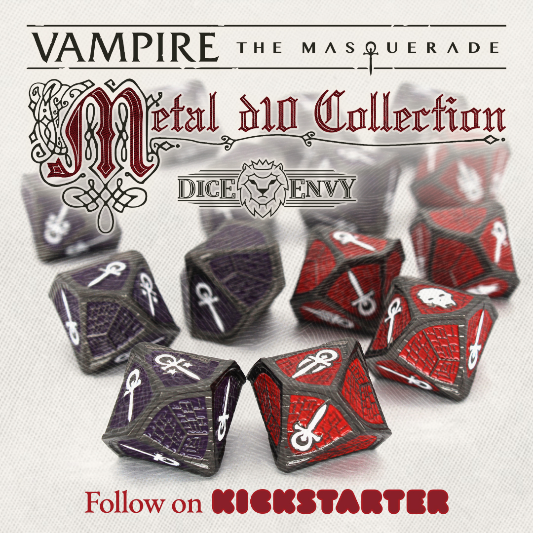 worldofdarkness's tweet photo. Cast your gaze upon the Vampire: The Masquerade &amp; Dice Envy - Metal d10 Collection, the first major Officially Licensed dice Kickstarter from Dice Envy 🎲

The weight of destiny, echoed in the palm of your hand. 

Follow now on Kickstarter 👇 https://t.co/DxNkwSFSOp