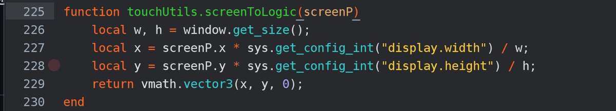 PixelDeveloper2's tweet photo. 以下はバグではなかった
・スマホでgui.pick_node()がoffsetした座標を正しく判定しない
ズラしたNodeのローカル座標をgui.pick_node()に渡していたが、スマホの画面解像度を考慮した論理座標を渡すべきであり、自分で計算する必要があった
座標変換をUtils化して修正
https://t.co/SvbsDbW02p
#Defold https://t.co/t7DQffA8mS