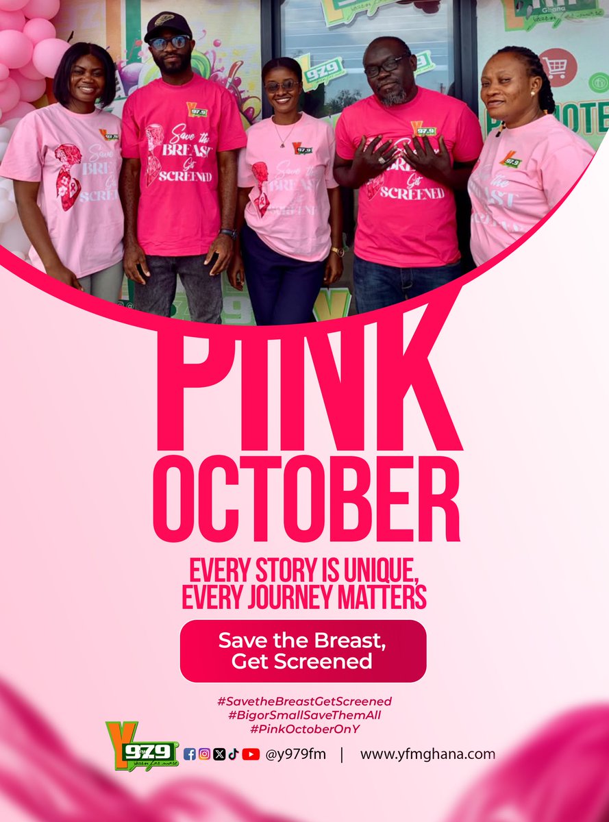 Y979FM's tweet photo. Pink October is officially here! 🌸 Big or small, save them all. Know your status and prioritize your health.

#Pinktober #OctoberAwareness #YCares #YFMGhana #BreastCancerAwareness https://t.co/M98IcXJlnB