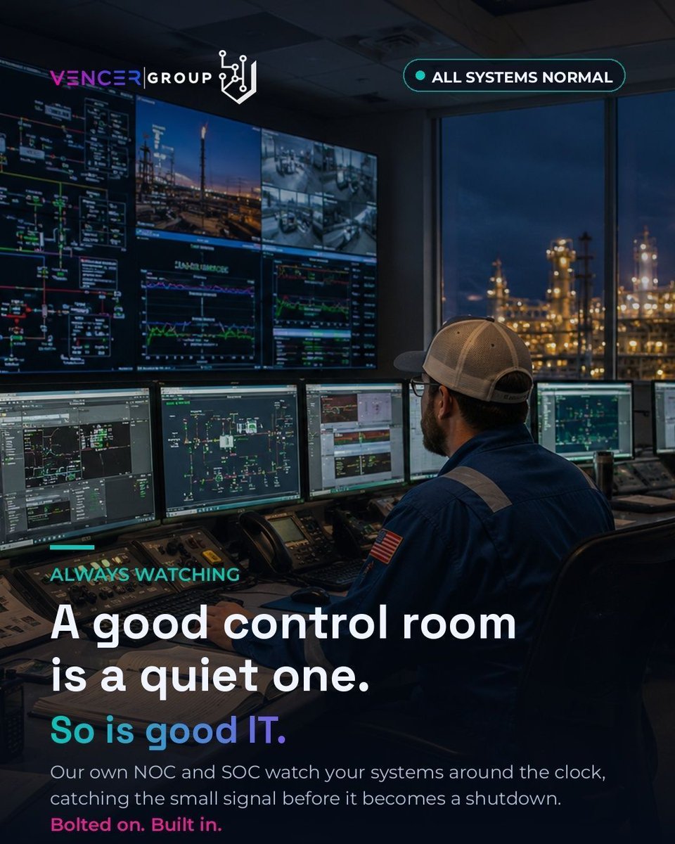 VencerIT's tweet photo. A good control room is a quiet one. 

Not because nothing is happening, but because everything is being watched.

Good IT works the same way. Monitor early. Fix small problems. Avoid big ones.

Bolted on. Built in.
#ManagedIT #CyberSecurity #OilandGas https://t.co/Uq9HH1jRaY