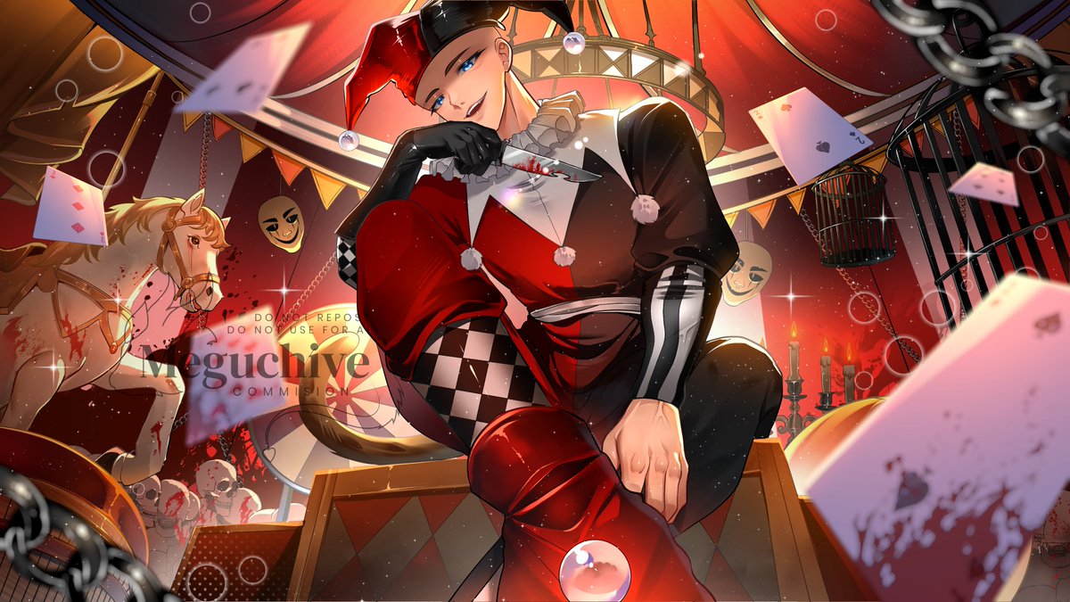 Megumiayaka_'s tweet photo. 🎃HALLOWEEN JESTER ART RAFFLE!! 🎃

let me draw your male OC, husbando, or oshi wearing jester outfit in this circus setting~? I'll pick two lucky boys for my Halloween Jester YCH!! >w<

DROP YOUR CHARACTER BELOWWW!!
❤️+🔃 are appreciated!
#artraffle #YCH https://t.co/by9okhXowp