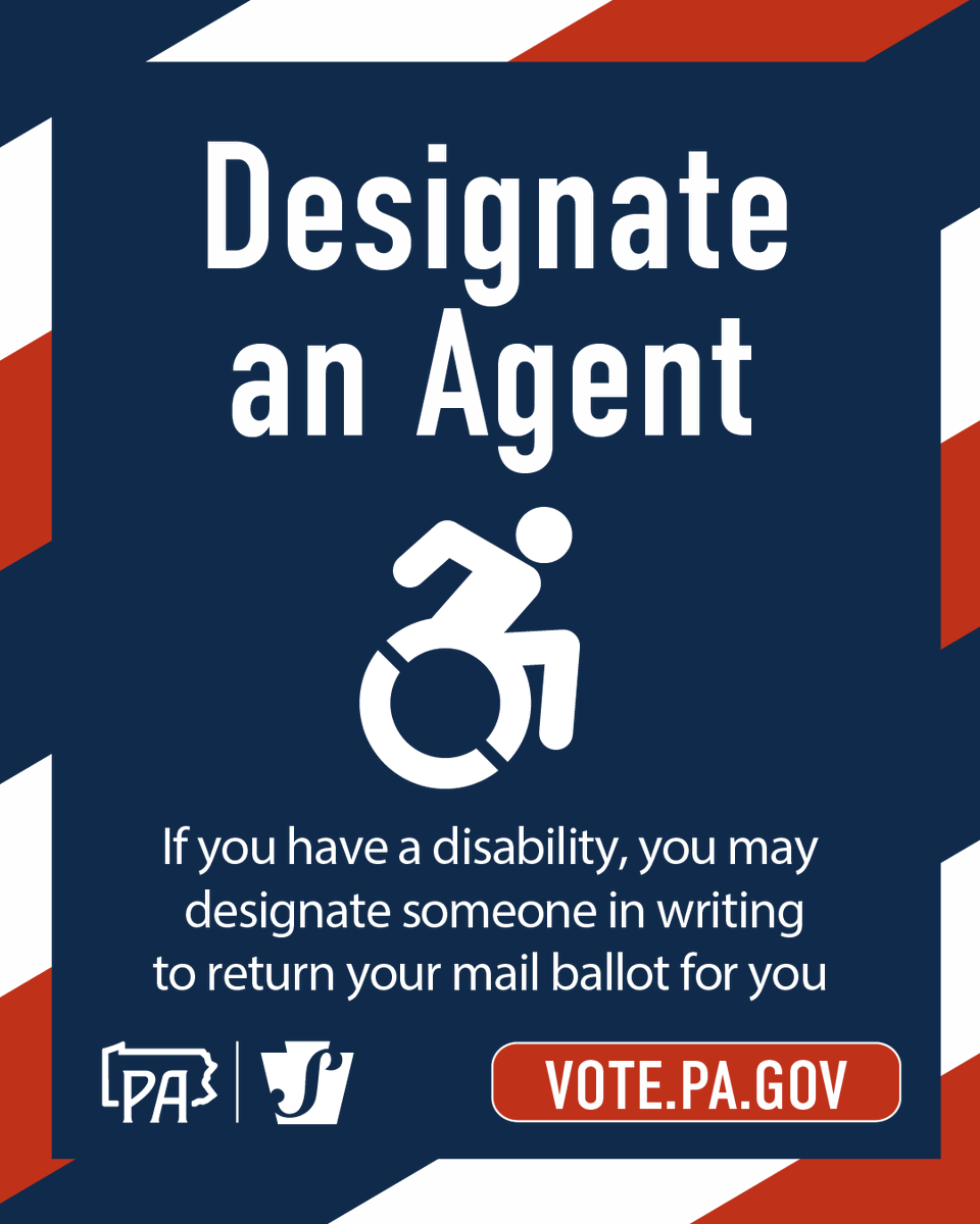 PAStateDept's tweet photo. If you have a disability, you may designate someone in writing to return your mail ballot for you.

Learn more about accessible voting in Pennsylvania: https://t.co/ZTdqQzc2X4 https://t.co/xQ3wKQbduW