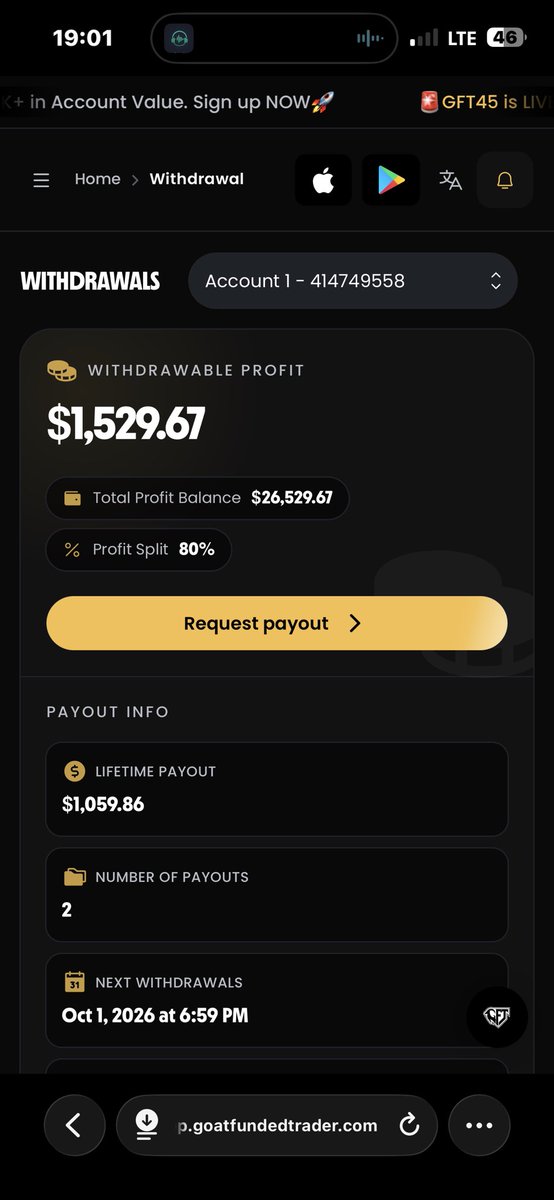 Marwan_fx01's tweet photo. I just hit the withdrawal button and requested for a payout w/@GoatFunded 

Let’s see how long it will take for them to process it https://t.co/QwZQYzAzRJ