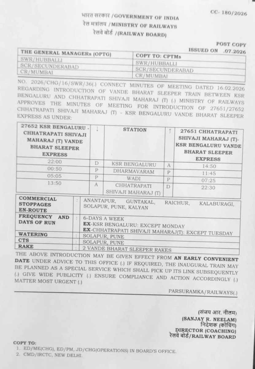 Kota__Junction's tweet photo. 🚨 27652/51 Mumbai CSMT–KSR Bengaluru Vande Bharat Sleeper Express is coming! 

The much-awaited Vande Bharat Sleeper Circular is OUT! 

🔹 Mumbai CSMT ↔ KSR Bengaluru
🔹 Inauguration Date: Awaited

Congratulations to all the people. The wait is almost over!

#Mumbai #Bengaluru https://t.co/hNLeHYxJvC