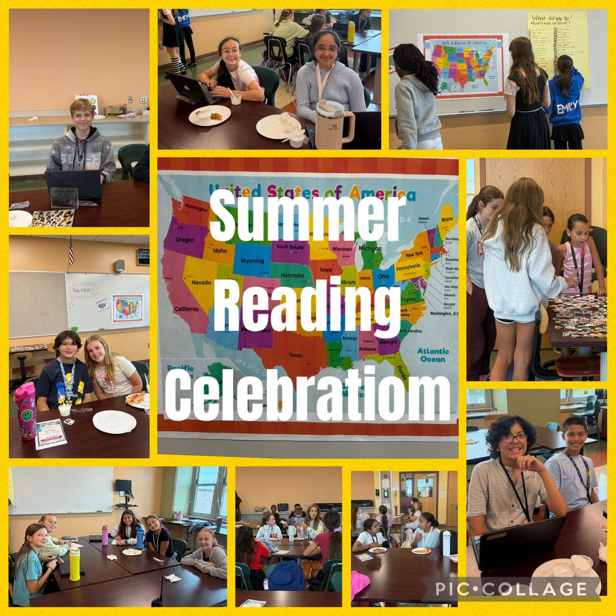PlainedgeMSLMC's tweet photo. We celebrated our summer readers with a pizza/ice cream party. Some read books and some completed activities. Keeping with our 250th Anniversary America theme, students posted to a map of somewhere they traveled this summer or somewhere they went to via a book. Congrats! https://t.co/NVNCBJ0kWv