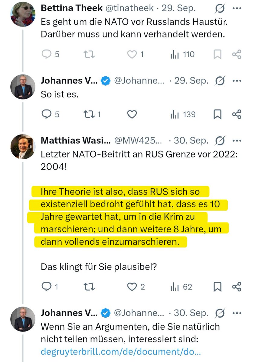WagenWatch's tweet photo. BSW-Grundwertemann @JohannesVarwick, konfrontiert mit argumentativem Widerspruch - Ein Drama in 3 Akten. 🧵

1. Akt:

- Herr Varwick, dass sich Russland 2022 von der NATO bedroht fühlte, ist doch gar nicht plausibel.

- Doch. Hier, ein verlinkter Text.

(1/x) https://t.co/R6z8oG512Y