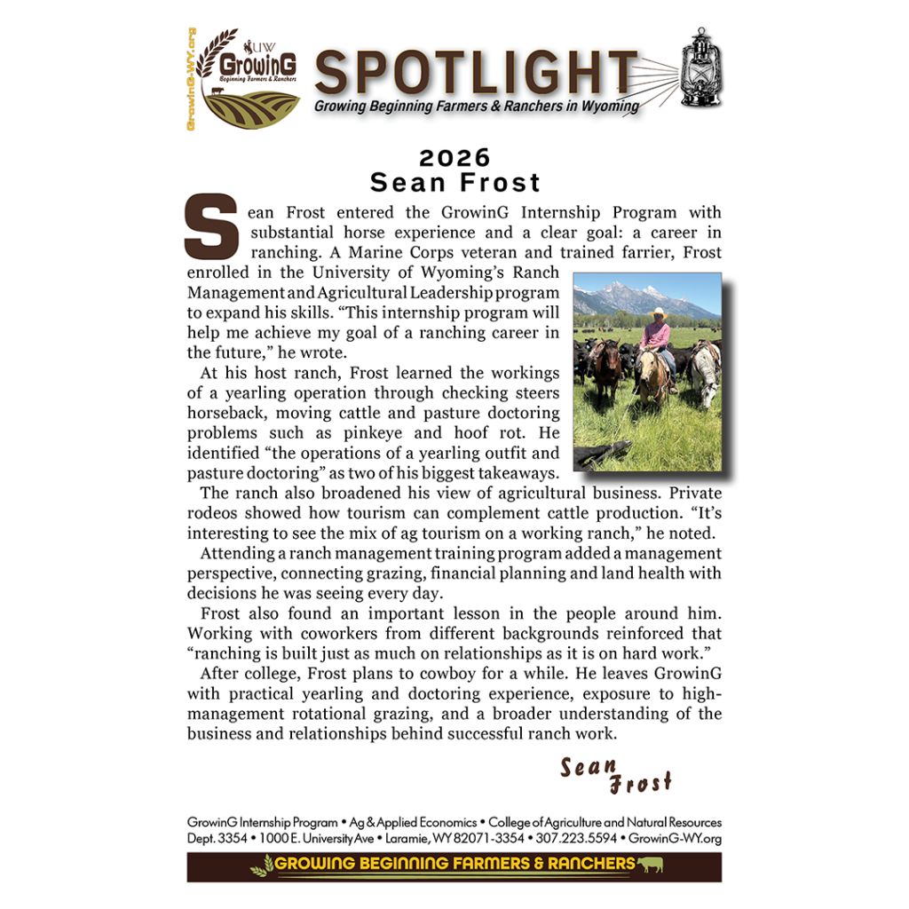 growingwyintrns's tweet photo. Intern Spotlight – Sean Frost, 2026
#bfrdpwy #aginternship #RightRisk
<a href="https://t.co/aBco2LvG2P" target="_blank">
CLICK to view the Intern Spotlight.</a>
“Ranching is built just as much on relationships as it is on hard work.”
– 2026 GrowinG Intern Kaylee Pearce https://t.co/TdgAUtZnbX