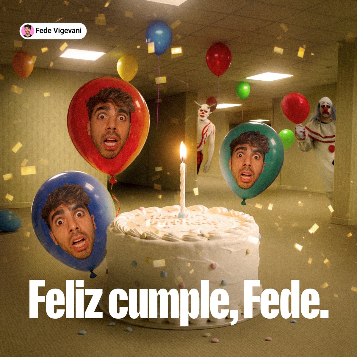 YouTubeLATAM's tweet photo. ¡los backrooms están de fiesta! feliz cumple, @fedevigevani 🤡🎂

¿qué le regalarían para sobrevivir? https://t.co/tthd1YlM34