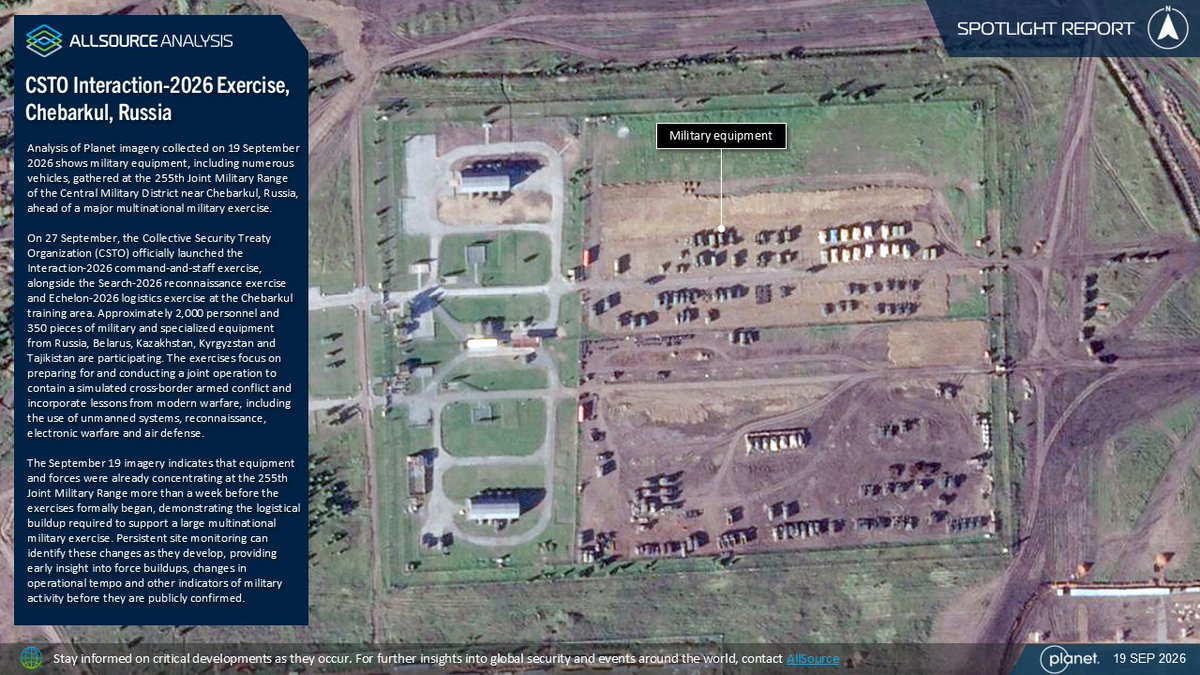 AllSourceA's tweet photo. Planet imagery shows military equipment at the 255th Joint Military Range of the Central Military District near Chebarkul, Russia, ahead of a major multinational military exercise. https://t.co/D5ubJ0CN2K

Sign up for our Spotlights https://t.co/3fMQ6GresF

#GEOINT #Russia https://t.co/CFYlwsJqHk