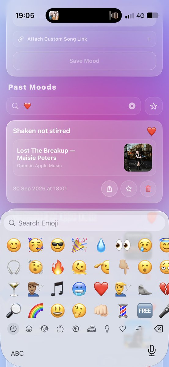 moodlystapp's tweet photo. Can’t remember the #song or #artist you saved to your mood history? — Simply enter an #emoji in search to surface relevant saved moods. 🔎 https://t.co/XRliuMpw9C