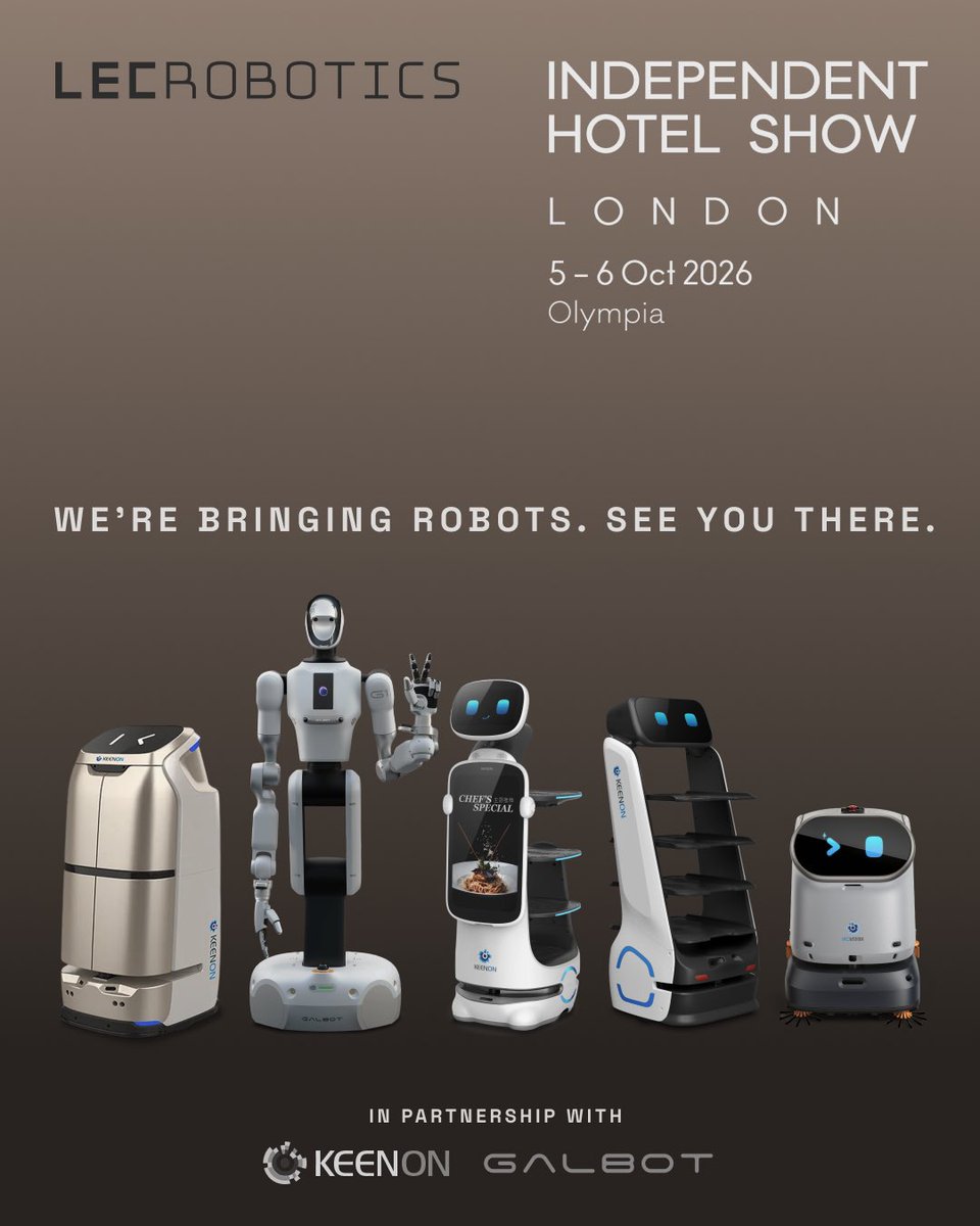 lecrobotics's tweet photo. Five robots. Two days. One stand at Olympia 🤖 Catch @lecrobotics at the Independent Hotel Show London, 5 and 6 Oct, with Keenon and Galbot. Stand number dropping soon. #IndependentHotelShow #LECRobotics https://t.co/shHX5llRCK