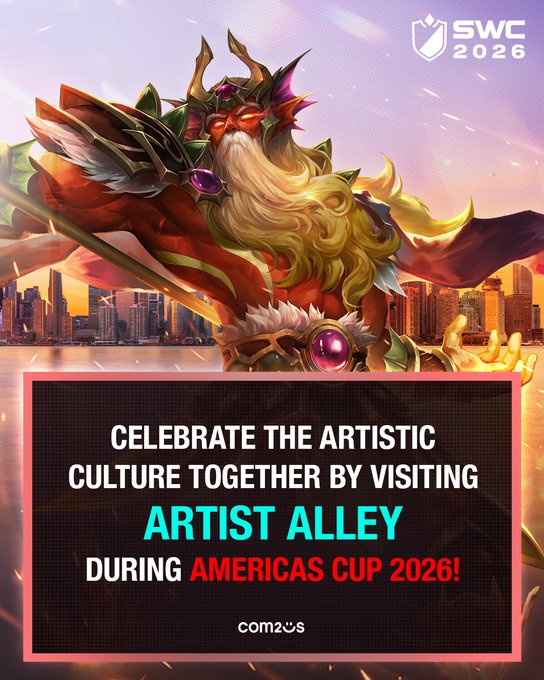 An esports tournament poster features a horned, bearded fantasy character and advertises 'CELEBRATE THE ARTISTIC CULTURE TOGETHER BY VISITING ARTIST ALLEY DURING AMERICAS CUP 2026!' with the 'SWC 2026' logo in the top right.