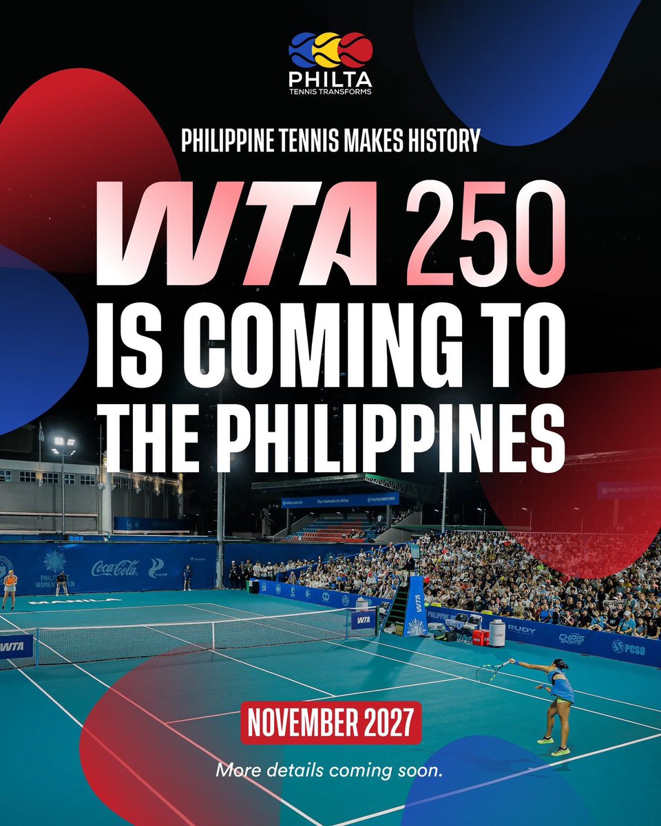 TheTennisLetter's tweet photo. The Philippines will host a WTA 250 event starting next year.

The tournament will take place from November 27th, 2027 in Manila.

It’s the first-ever WTA 250 event in Manila.

Alex Eala’s achievements and crowd support have commanded an exciting new spotlight on Filipino tennis. 

🇵🇭❤️