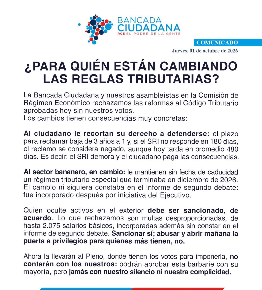 BancadaRC5's tweet photo. #ReformasLeyTributaria

Al ciudadano le reducen el tiempo para defenderse y le endurecen las sanciones; mientras otros mantienen regímenes tributarios especiales.

El SRI demora, pero el ciudadano paga las consecuencias.

Nuestros votos no estarán para una ley que carga el peso sobre muchos mientras concentra los beneficios en pocos.

👇 Lee nuestro comunicado.