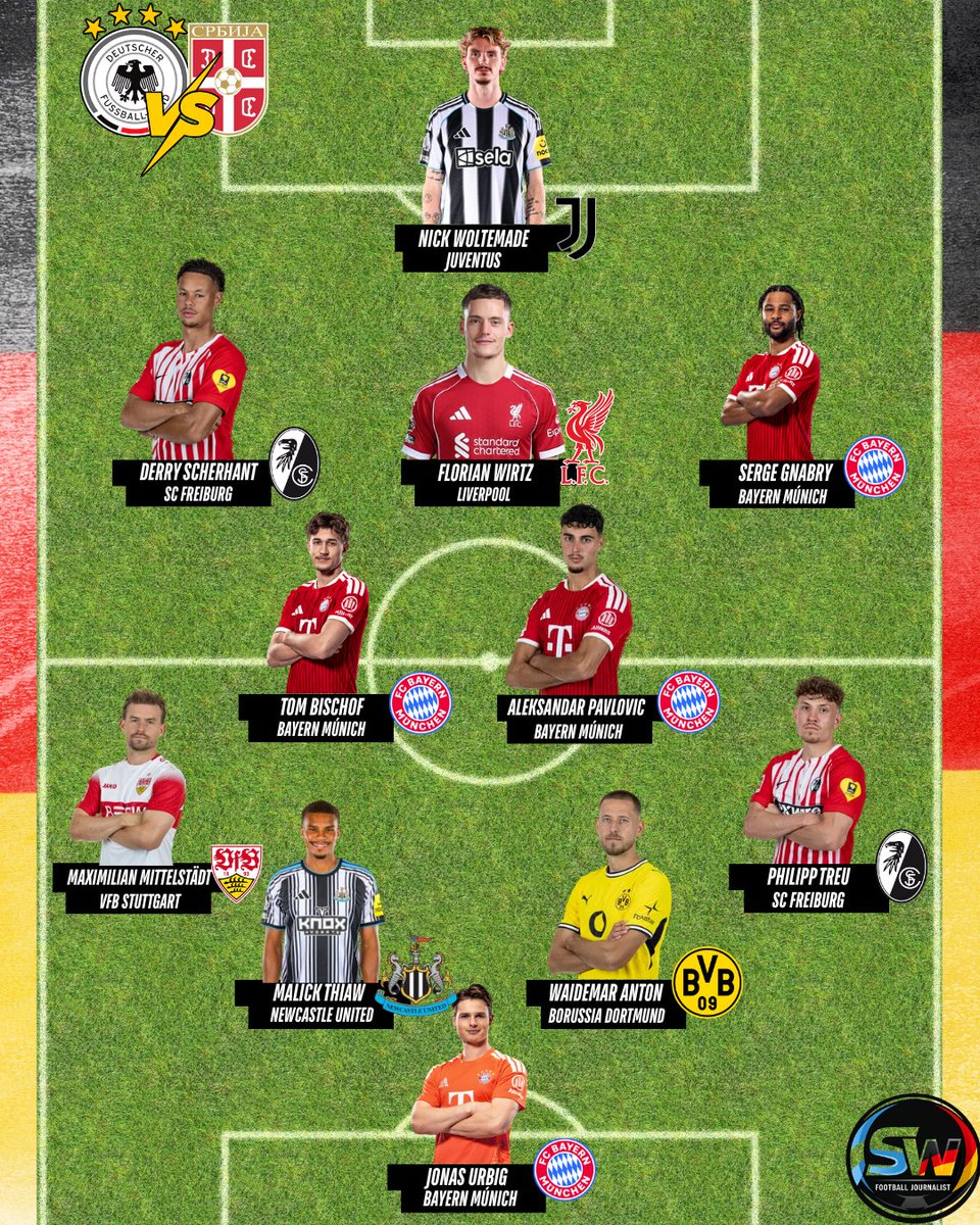 Sweiper_'s tweet photo. Un XI de Alemania con sorpresas para enfrentar a Serbia.

No jugarán El Mala y Karl en las bandas y sí lo harán Gnabry y la gran novedad de Scherhant.

Urbig tendrá su gran debut en el arco y tengo muchas ganas de ver cómo se complementa ese doble 5 entre Pavlovic y Bischof. https://t.co/v890BoQMMm