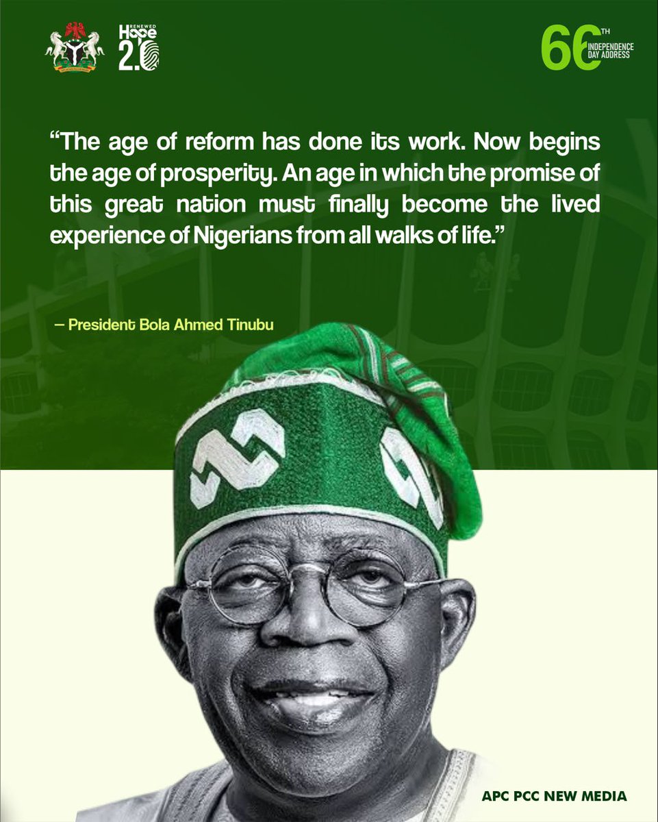Journalist_Mind's tweet photo. Excepts From President Bola Ahmed Tinubu's Independence Day Speech.

#FromReformToProsperity
#PBATCares https://t.co/dqZ1V8jzyt