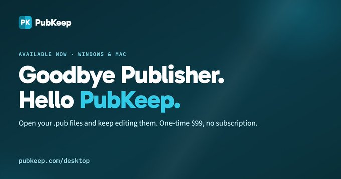 anderly's tweet photo. Today Microsoft Publisher left Microsoft 365. I've found countless people in the same spot: church office staff, pastors of small churches, nonprofits, and small business owners staring at 30+ years of .pub files.

I built @PubKeepApp after my mom called about the same problem. Desktop app for Windows and Mac. Opens .pub and keeps layouts editable. $99 one-time. Shaped with help from 620+ churches, 275+ nonprofits, and 120+ businesses.

Story: https://t.co/bxEuJJf0As
Product: https://t.co/03URfFxXM0

cc @WindowsLatest