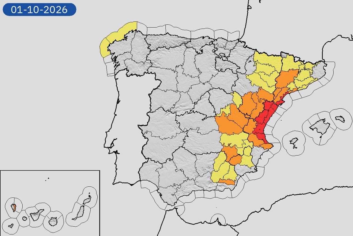 AEMET_Esp's tweet photo. 01/10 20:12 AVISOS HOY Y MAÑANA | España: lluvias, tormentas y costeros. Nivel máximo de aviso: rojo.
Actualizaciones en https://t.co/BLdoSsO2Qv https://t.co/vnamdsr5hi