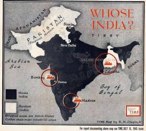 AzfarPolitical's tweet photo. Actual proposed partition looks very different than today’s reality. Here is a Times Magazine cover of the proposed partition in 1945! Years before the actual 1947 partition. If you notice at this time there was no idea of a “East Pakistan” just Muslim majority Bengal as an independent state with capital in Kolkata. 

Too much revisionist history on both sides have muddied the waters. But the vision of a “United India” post partition was never a reality. Most people did not see themselves as “Indian”; that is a modern identity. Same for Pakistan.