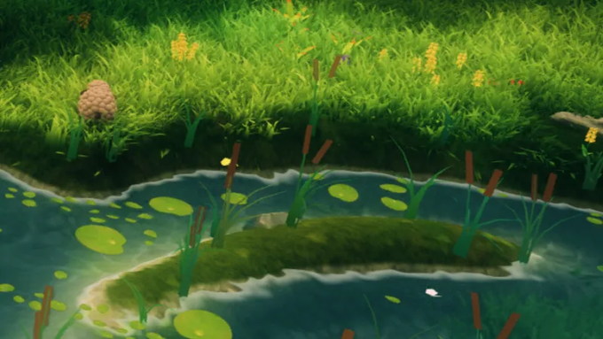 A scenic illustration of a tranquil pond surrounded by lush green grass, featuring lily pads, cattails, small yellow flowers, and a beehive resting on the grassy bank.