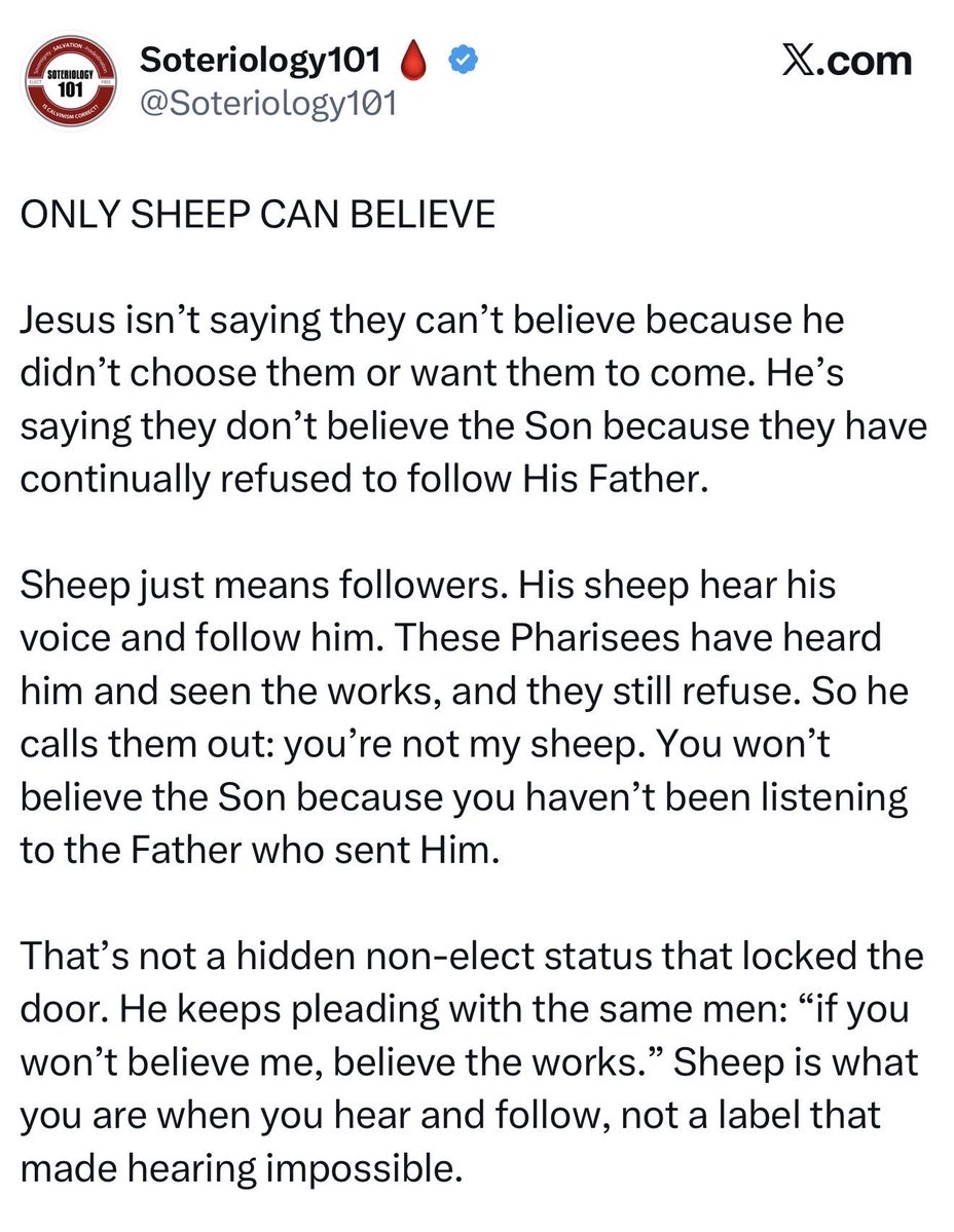 ThugLifeSproul's tweet photo. Leighton needs you to know “You do not believe because you are not my sheep” really means “You are not my sheep because you do not believe.”

The reason he has to continuously twist scripture to fit Provisionism is because Provisionism has no basis of its own in scripture. https://t.co/8StdjEZ2wM