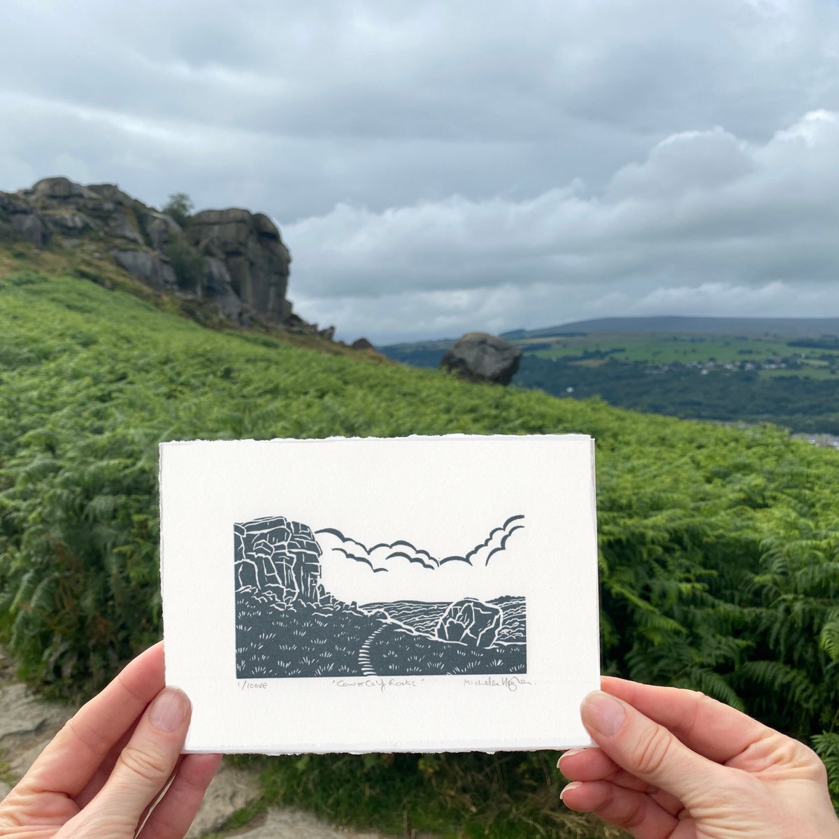 Design_York's tweet photo. I’m looking forward to talking about my book at the Ilkley Literature Festival this Saturday. 📚
This is my linocut of the iconic Cow and Calf Rocks above Ilkley.

#Ilkley #IlkleyMoor #CowAndCalfRocks #Linocut #Linoprint https://t.co/4PavfAIWgb