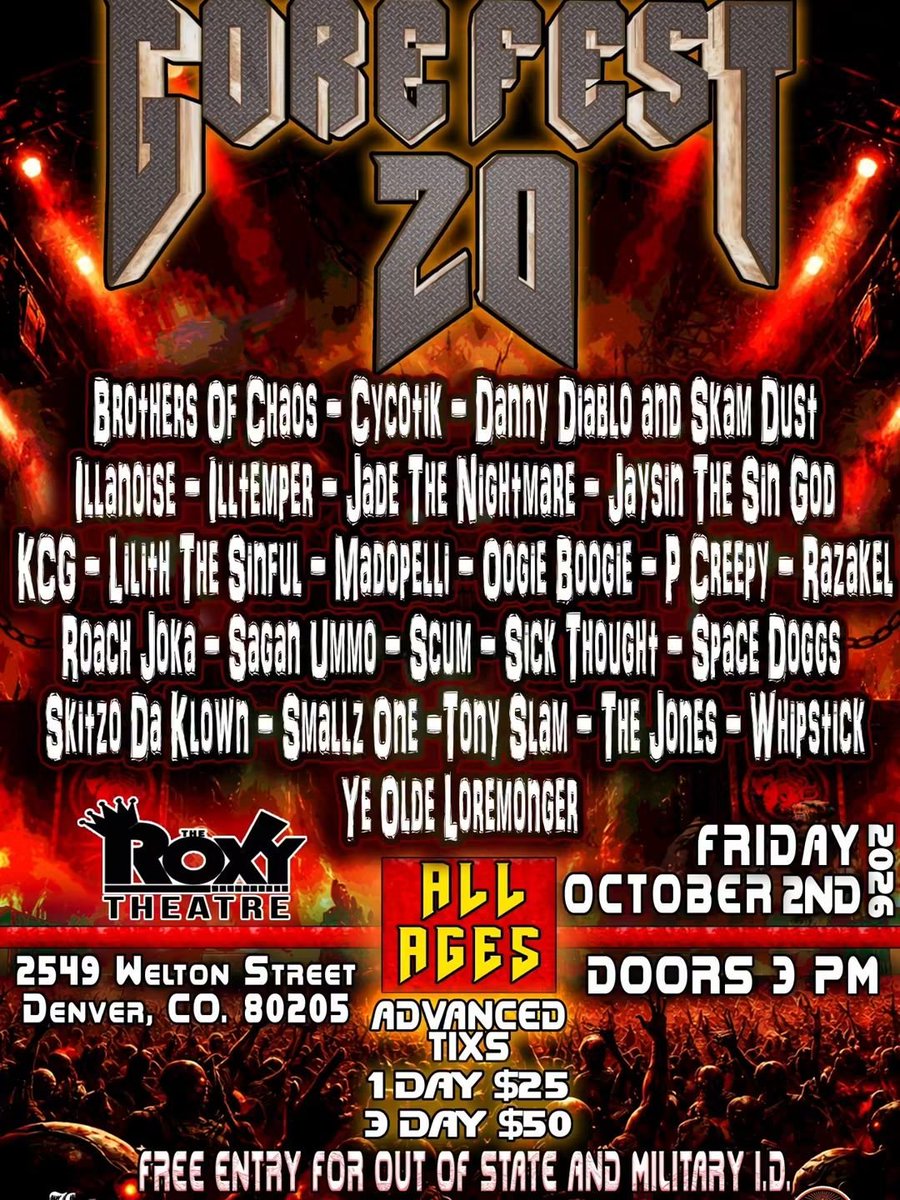 Chuckklez408's tweet photo. TOMORROW IS ABOUT TO GO FUCKIN' DOWN MY FELLOW FREAKS AND FREAKSHOWS!!!

That's right! The 20th annual of "GOREFEST" begins in Denver, CO at @theroxydenver for all 3 days! The LSP family will be rocking in the building, along with major heavy hitters from all over. See you soon! https://t.co/uLSQtcqMS3