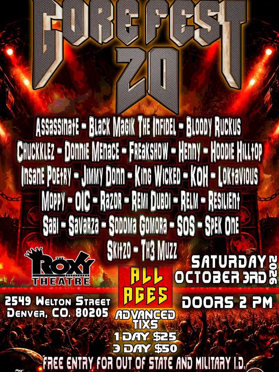 Chuckklez408's tweet photo. TOMORROW IS ABOUT TO GO FUCKIN' DOWN MY FELLOW FREAKS AND FREAKSHOWS!!!

That's right! The 20th annual of "GOREFEST" begins in Denver, CO at @theroxydenver for all 3 days! The LSP family will be rocking in the building, along with major heavy hitters from all over. See you soon! https://t.co/uLSQtcqMS3