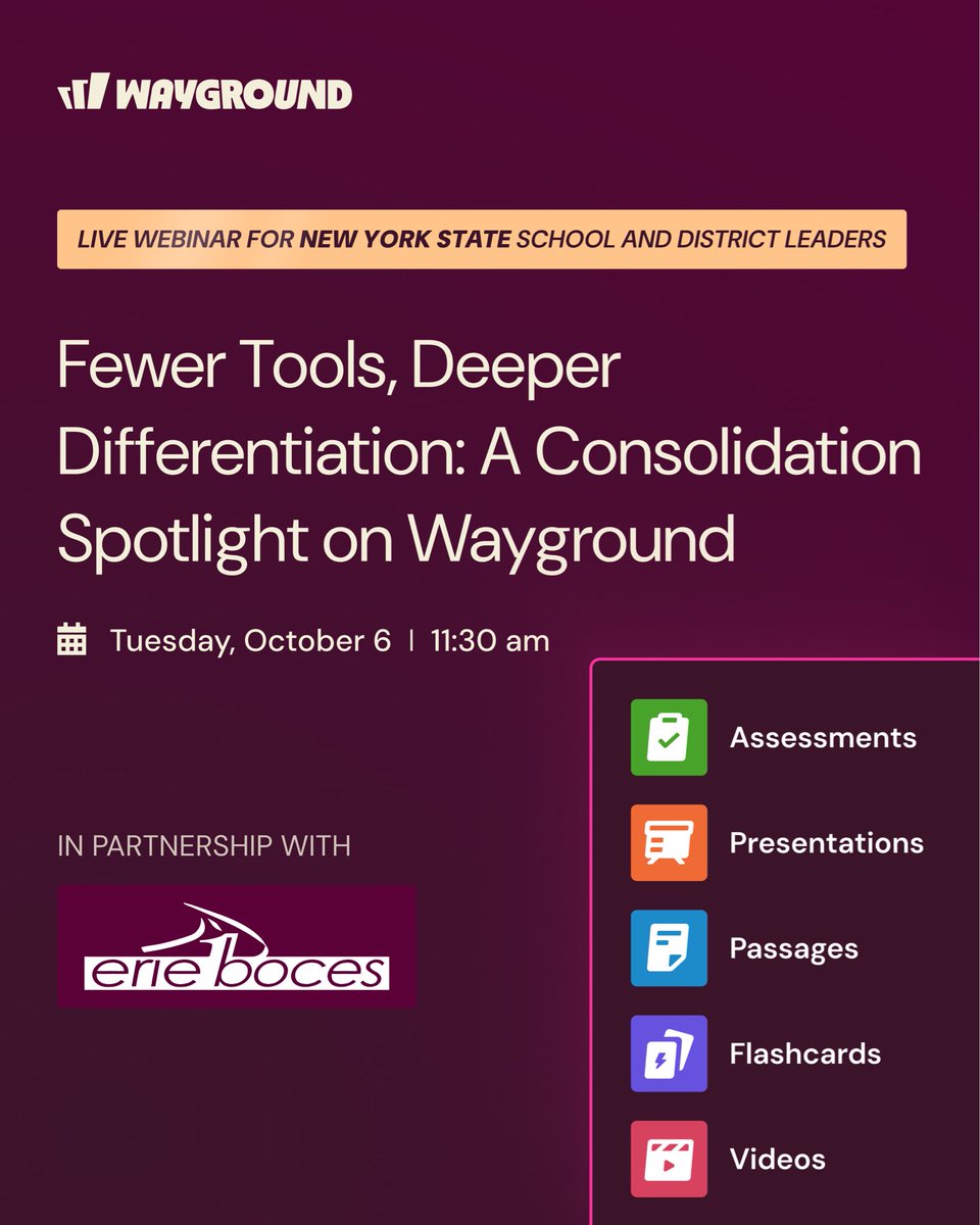 waygroundai's tweet photo. New York State school and district leaders: we're hosting a live webinar with @Erie1BOCES on Tuesday 💻

See what a district gains when its edtech stack shrinks. Fewer logins for teachers, fewer systems to support, and student data you don't need five reports to read.

🗓️ Tuesday, October 6
 🕦 11:30 am
 👉 Register: https://t.co/HelsxW1WFG