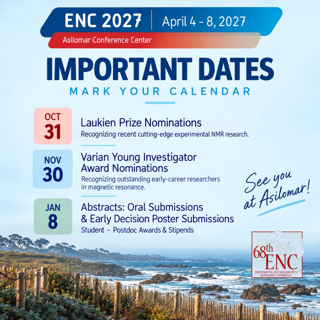ENC_Conf's tweet photo. Save the dates! There’s plenty happening between now and #ENC2027. Mark your calendar, save this post for reference, and stay tuned as we share more details and reminders along the way to Asilomar.
#ENC2027 #NMRchat #NMR https://t.co/jkYFyTDcQG