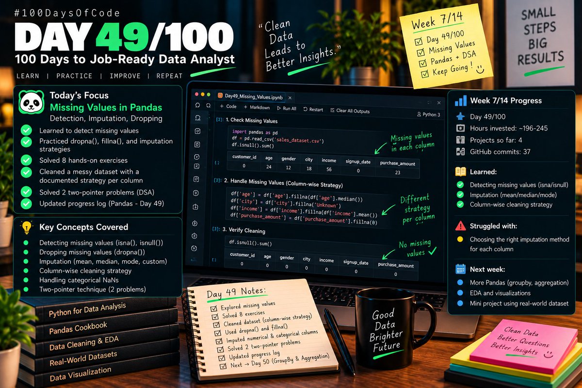 Chiranjeeb_Ku_'s tweet photo. Week 7/14 — Day 49/100 📊

Focused on missing values in Pandas.

Practiced detecting, dropping &amp; imputing NaNs and cleaned a dataset column-wise.

Also practiced two-pointer problems.

Key insight: Clean data leads to better answers.

#100DaysOfData #DataAnalyst https://t.co/nogkscvWci