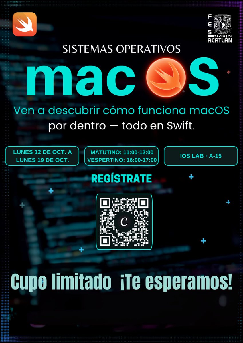 coordinacionmac's tweet photo. 💻 ¿Quieres descubrir cómo funciona macOS por dentro?

Participa en el taller de Sistemas Operativos con Swift.

📅 Del 12 al 19 de octubre
🕚 Matutino: 11:00–12:00 h
🌙 Vespertino: 16:00–17:00 h
📍 iOS Lab, A-15
⚠️ Cupo limitado https://t.co/4D4tzzmDCG