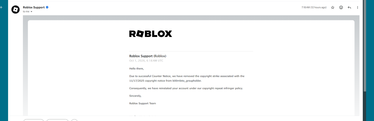 voltmoxx's tweet photo. After 1 year of harassing Roblox Appeals, I finally got my account back 😭

#robloxㅤ #robloxugc https://t.co/Uql9qW3IgO
