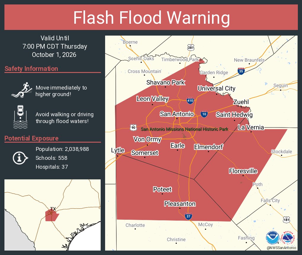 NWSSanAntonio's tweet photo. Flash Flood Warning including San Antonio TX, Universal City TX and  Converse TX until 7:00 PM CDT https://t.co/N2H7iuFSlN