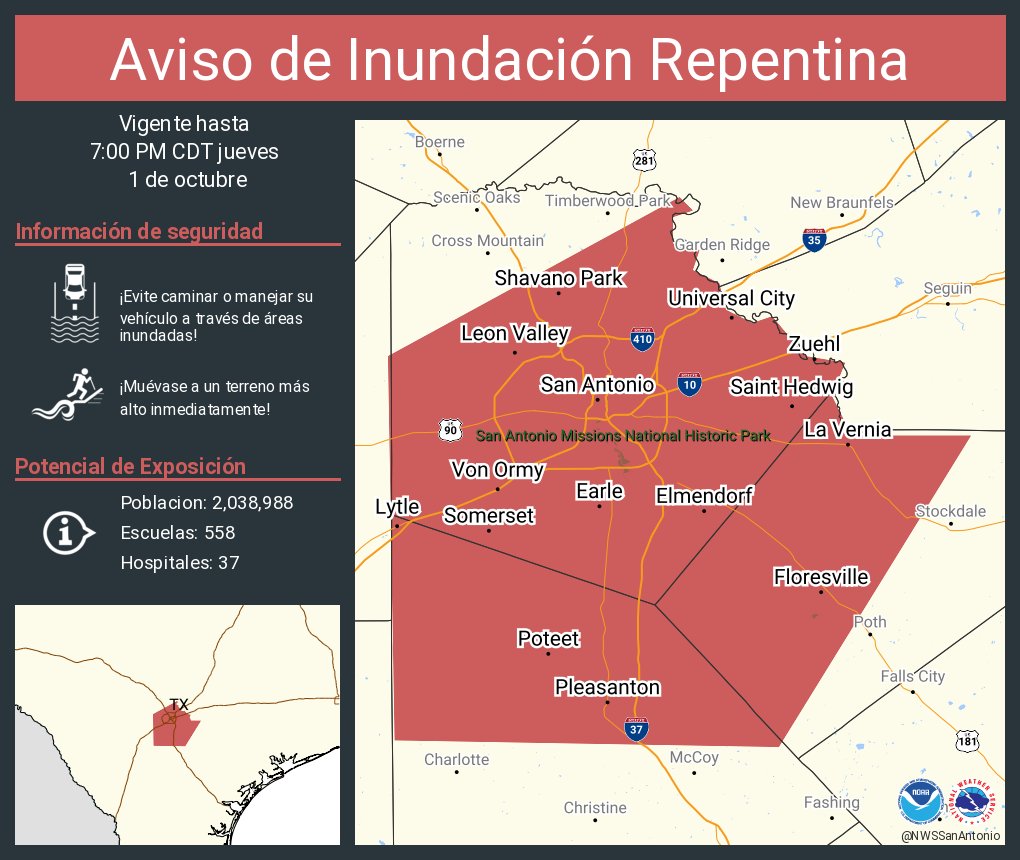 NWSSanAntonio's tweet photo. Aviso de Inundación Repentina incluye San Antonio TX, Universal City TX, Converse TX hasta las 7:00 PM CDT https://t.co/UPZN8iNDIE