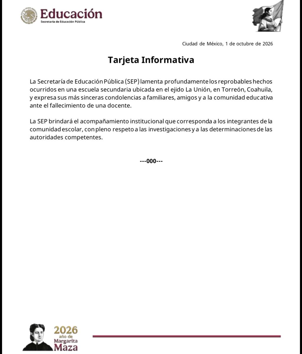 Wongui's tweet photo. La @SEP_mx condenó el ataque ocurrido este jueves en una escuela secundaria del ejido La Unión, en Torreón, Coahuila, que dejó una docente muerta y varias personas heridas.
Según las autoridades de Coahuila, dos jóvenes de 18 años, hermanos y exalumnos de la secundaria, fueron detenidos como probables responsables de la agresión. #Coahuila #Torreon