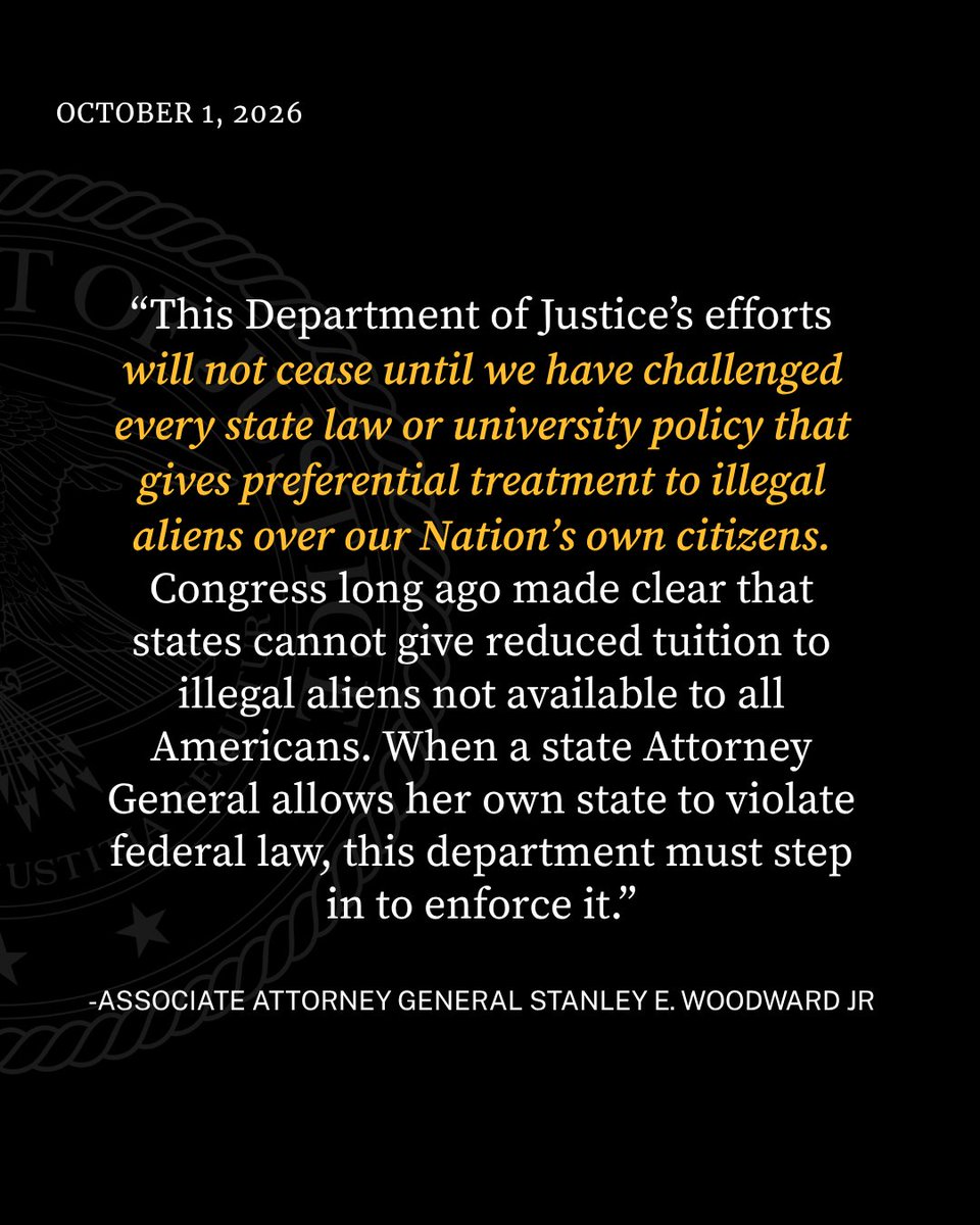 TheJusticeDept's tweet photo. The Department is challenging the University of Delaware’s policy which grants in-state tuition for illegal aliens while denying reduced tuition to U.S. citizens. This policy unconstitutionally discriminates against U.S. citizens who are not afforded the same reduced tuition rate, which is in direct conflict with federal law.

“This Department of Justice’s efforts will not cease until we have challenged every state law or university policy that gives preferential treatment to illegal aliens over our Nation’s own citizens,” said @ASGWoodward. “Congress long ago made clear that states cannot give reduced tuition to illegal aliens not available to all Americans. When a state Attorney General allows her own state to violate federal law, this department must step in to enforce it.”

🔗: https://t.co/W1TOKUgG9N