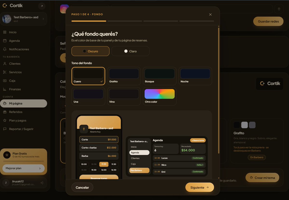 ssantiagodev's tweet photo. Antes el tema personalizado de Cortik era elegir colores sueltos y rezar.

Ahora es un paso a paso: fondo, color de tu barbería y detalles. Al final te muestro cómo queda tu página de reservas y tu panel, y elegís si lo guardás o lo cambiás.

Cada día un poco mejor. https://t.co/aR42q3vym9