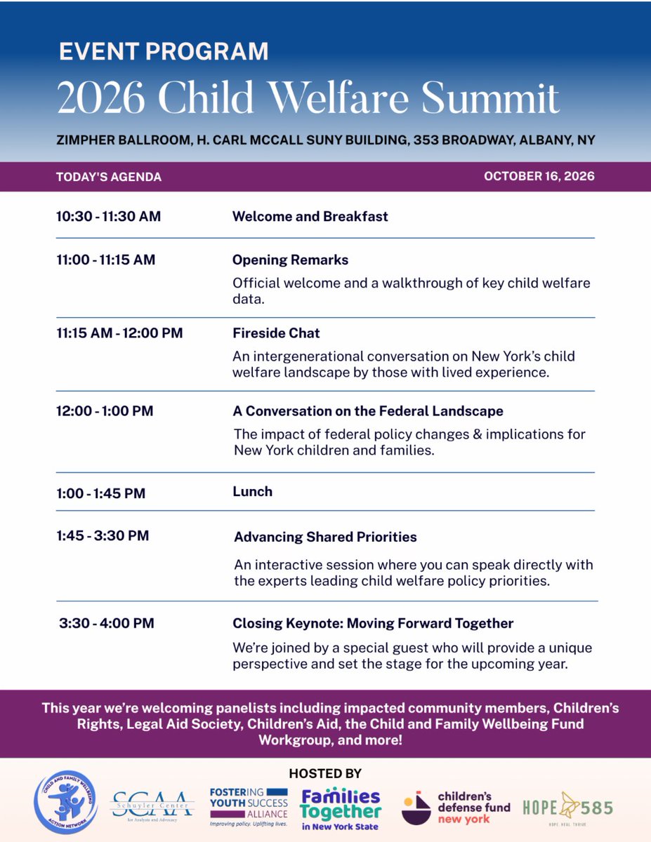ftnys's tweet photo. Join us Oct. 16 in Albany for the 2026 NYS Child Welfare Summit! Hear from impacted community members, advocates &amp; policy experts on child welfare, federal policy, lived experience &amp; priorities for the year ahead.

Register: https://t.co/4oZTR6C2Pb https://t.co/Npqxfm7kBW