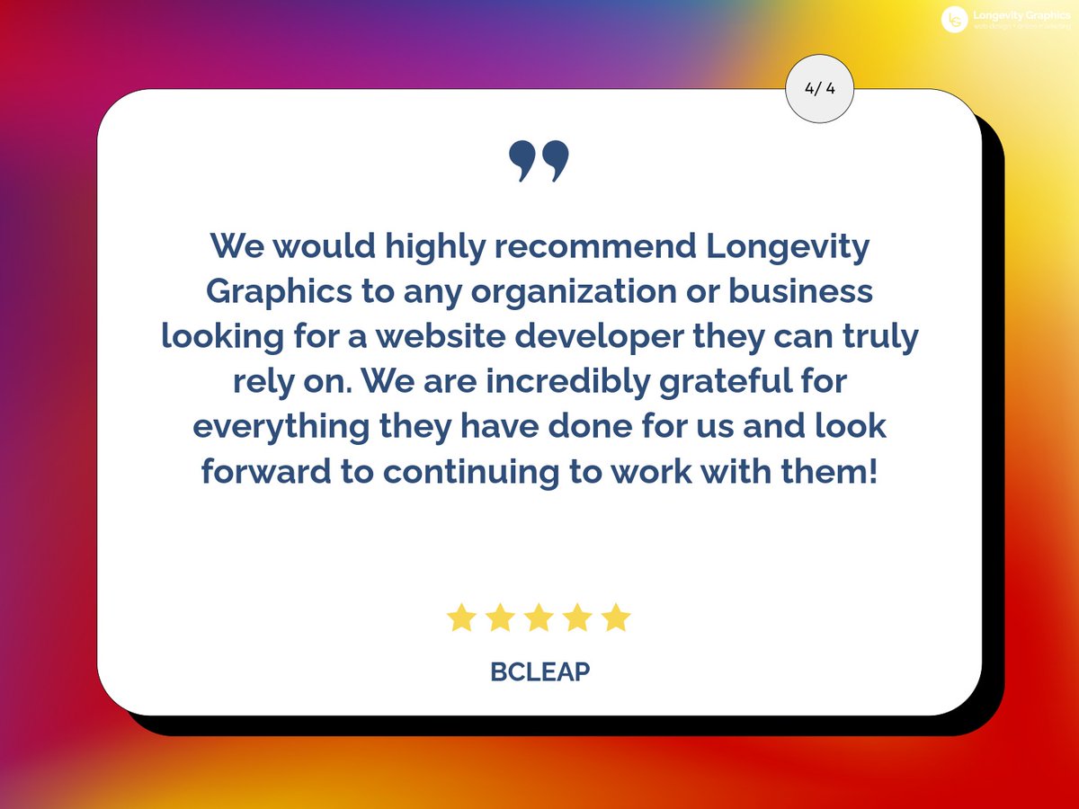 LongevityWeb's tweet photo. We recently received this wonderful ⭐⭐⭐⭐⭐ review from BCLEAP. Read their comment below or visit them at https://t.co/7G8gkhj0wR

Much appreciated to them for their kind words and for choosing Longevity Graphics for their web design.

#grateful #thankful https://t.co/t85DEbmcdU